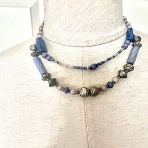 Blue and tan long beaded necklace